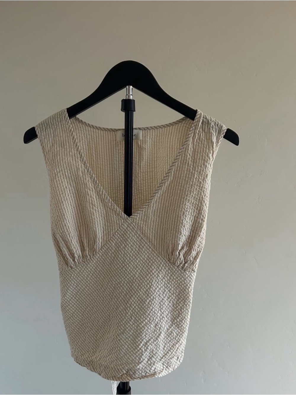 Böhme Cream Tan Pinstripe Seersucker Tie Back Sleeveless Top XL